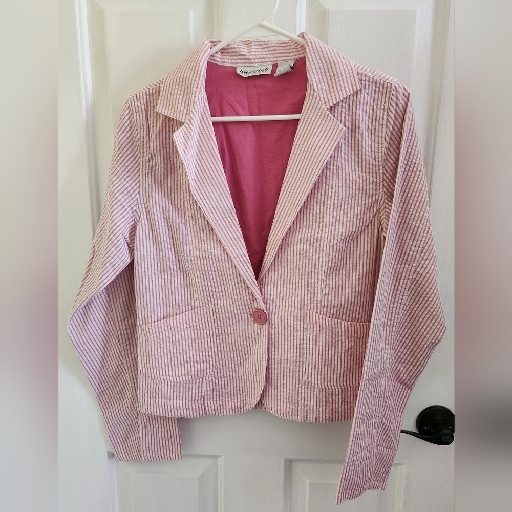 Never Worn Periscope Pink and White Stripe Seersucker Blazer